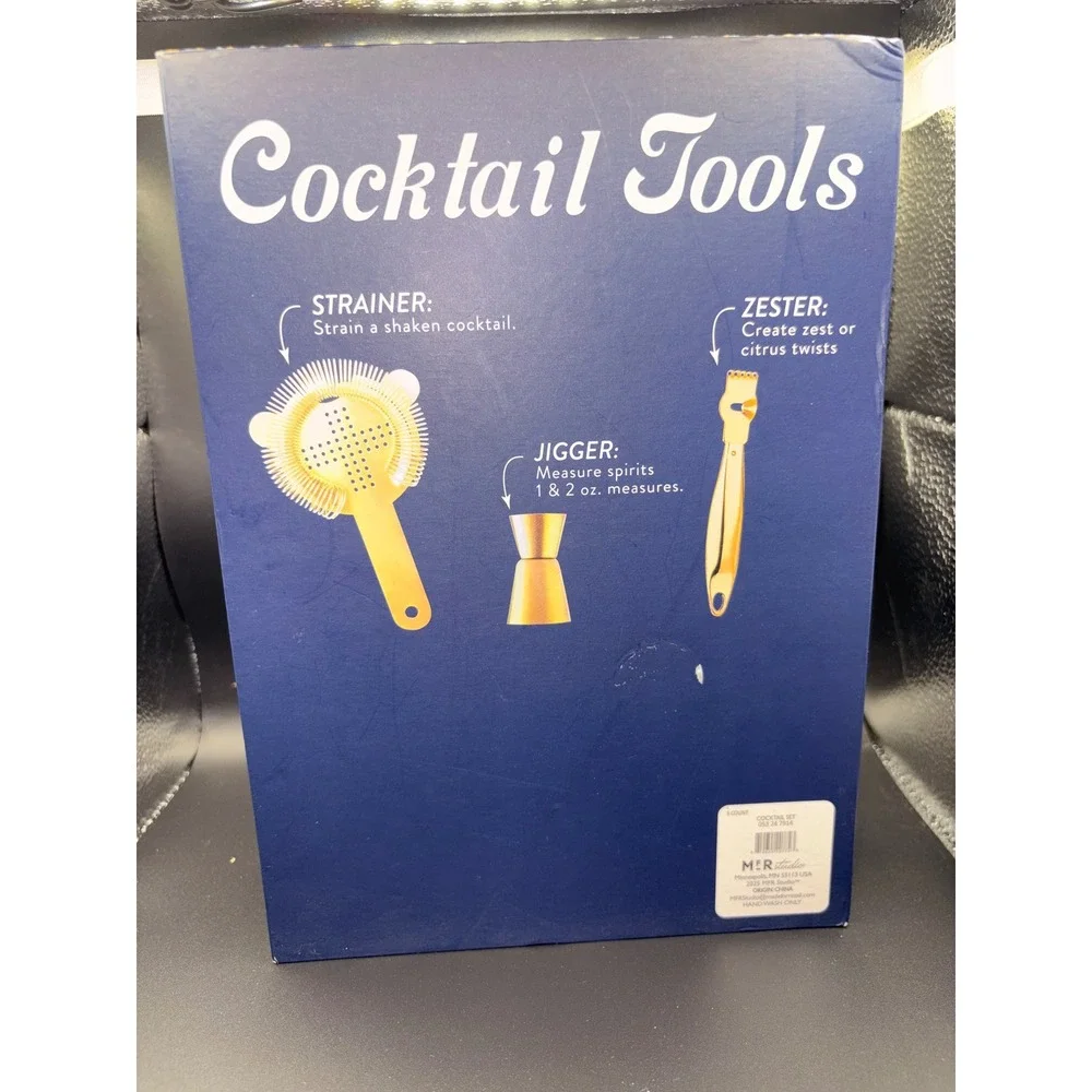 Essential‎ Cocktail Tools Set Gold Jigger Strainer Zester Mixology Gift Set New